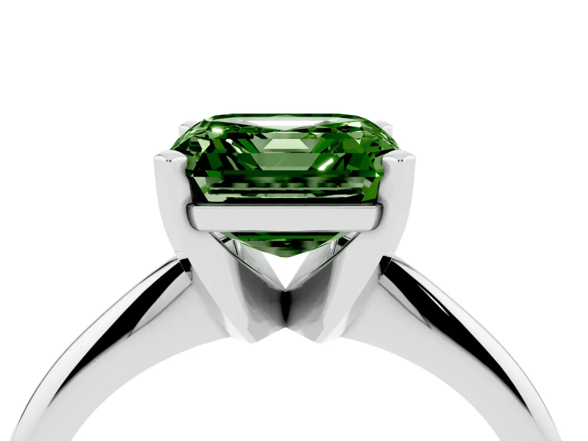 Fancy Green Asscher Cut Cut Solitaire Ring with Four-Prong Setting on a Classic Band Silver