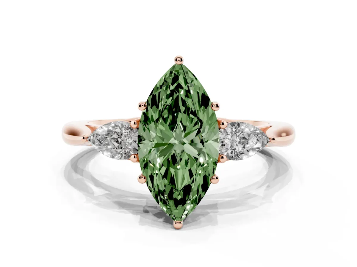 Fancy Green Three-Stone Marquise Cut Brilliant Diamond Solitaire Ring with Tapered Band and Four-Prong Setting Rose gold