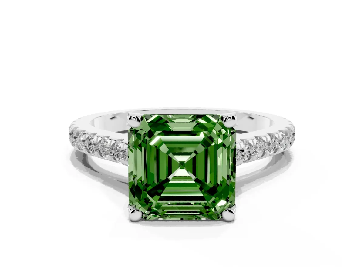 Fancy Green Asscher Cut Brilliant Diamond Solitaire with Pavé Band and Four-Prong Setting Silver