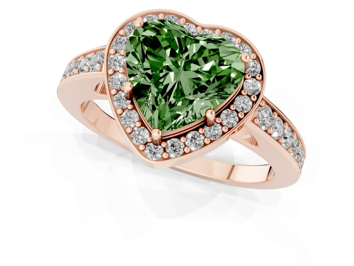 Fancy Green Heart Cut Halo Pavé Diamond Engagement Ring with Bezel Setting Rose gold