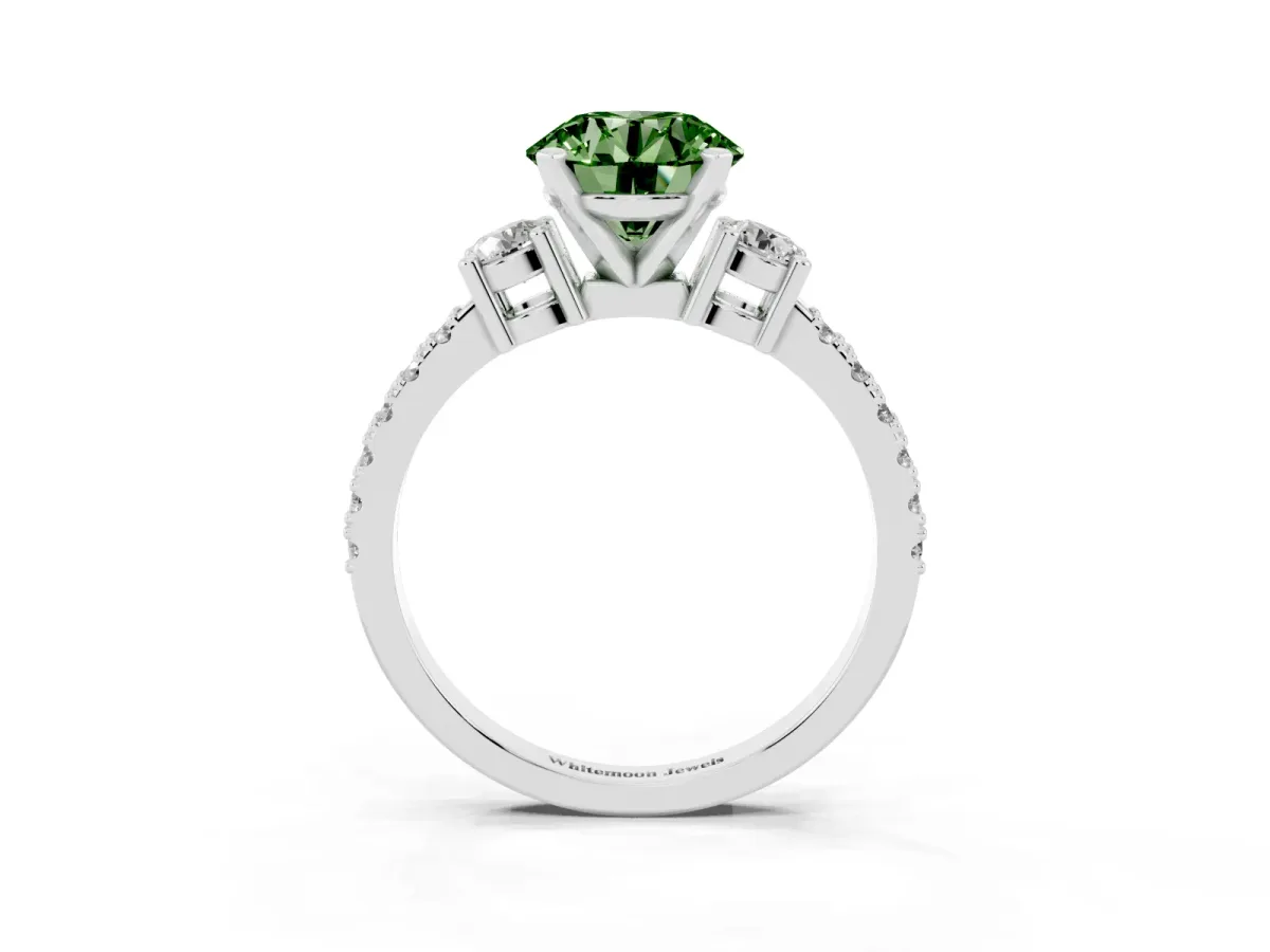 Fancy Green Round Cut Three-Stone Diamond Pavé Band with Prong Setting Platinum