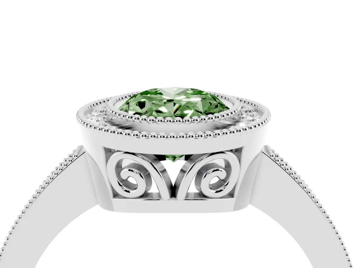 Fancy Green Oval Cut Cut Halo Diamond Ring with Pavé Band and Milgrain Prong Setting Silver