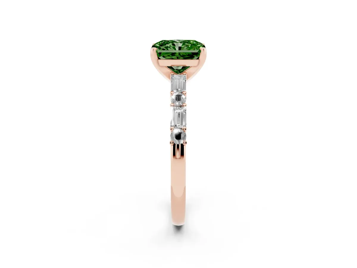 Fancy Green Radiant Cut Diamond Solitaire with Side Baguettes and Channel Set Band Rose gold