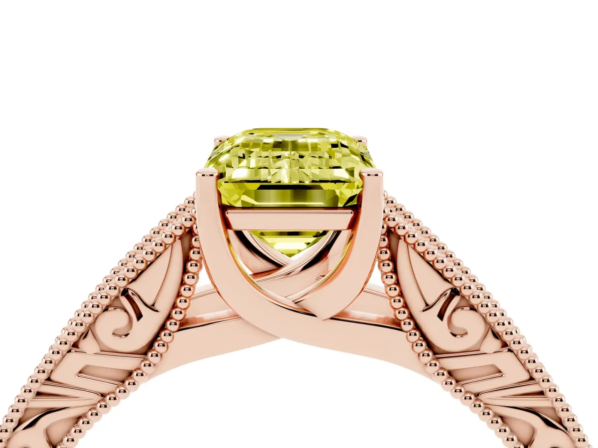 Fancy Yellow Emerald Cut Diamond Solitaire Ring with Engraved Band and Four-Prong Setting Rose gold