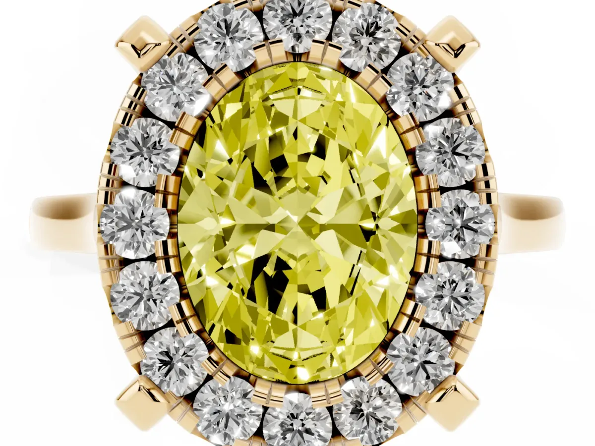 Fancy Yellow Oval Cut Diamond Cluster Halo Solitaire with Four-Prong Setting Yellow gold