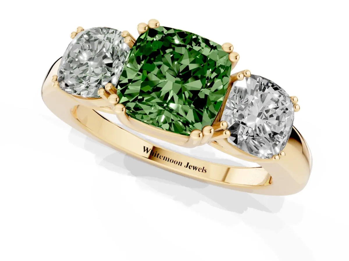 Fancy Green Three-Stone Cushion Cut Cut Diamond Ring with Channel Set Band and Four-Prong Setting Yellow gold