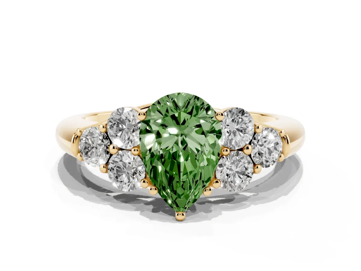 Fancy Green Pear Cut Cut Diamond Cluster Ring with Round Accent Stones and Prong Setting on a Classic Band Yellow gold
