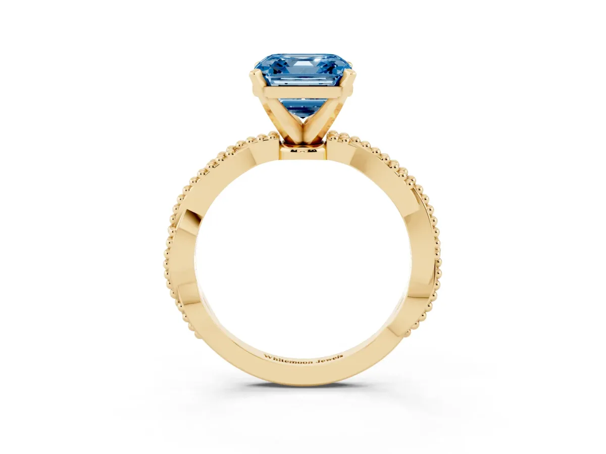 Fancy Blue Asscher Cut Solitaire Twisted Band with Bead Prong Setting Yellow gold