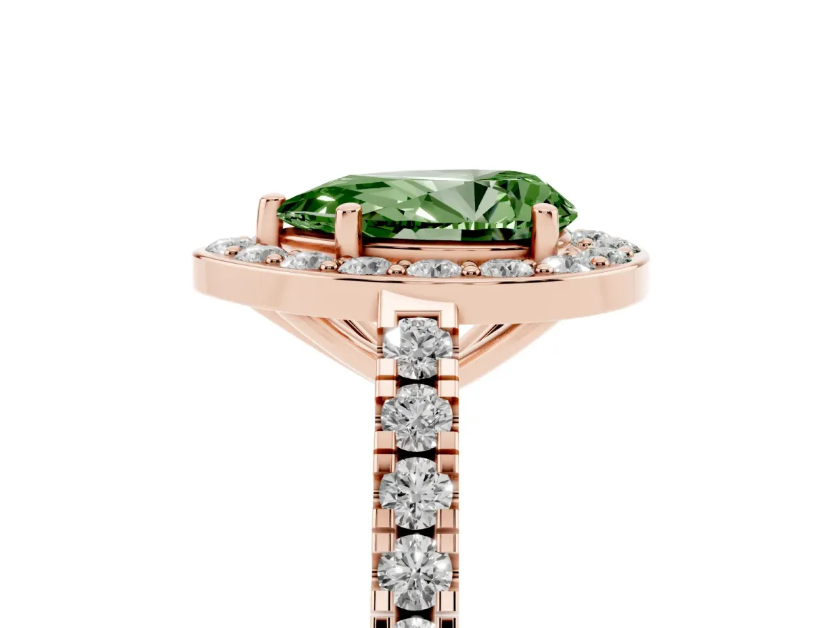 Fancy Green Pear Cut Diamond Halo Ring with Round Pavé Split Shank and Prong Setting Rose gold