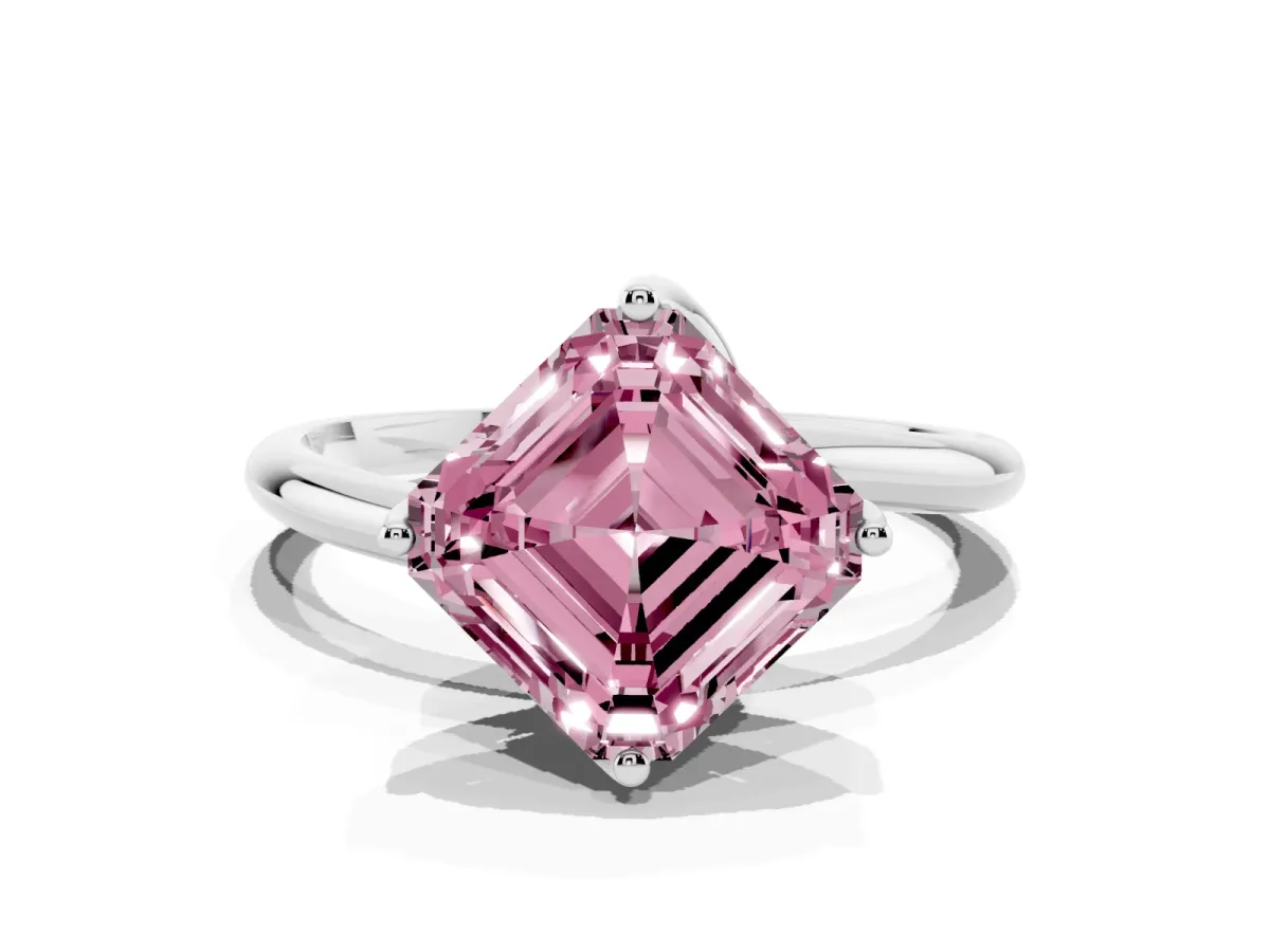 Fancy Pink Asscher Cut Diamond Solitaire Engagement Ring with Four-Prong Setting and Classic Band Platinum