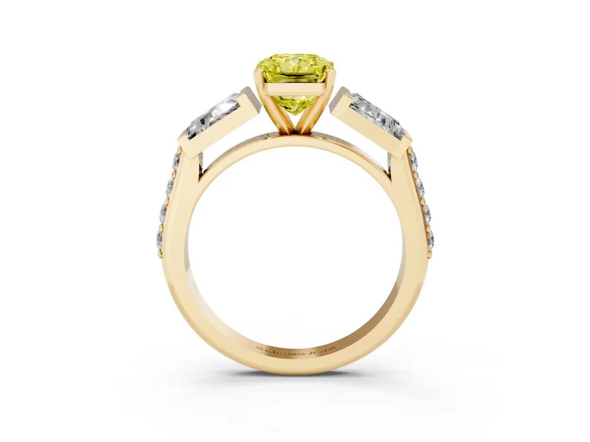 Fancy Yellow Radiant Cut Diamond Engagement Ring with Baguette Side Stones and Channel Set Band Yellow gold