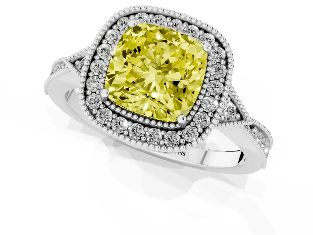 Fancy Yellow Cushion Cut Halo Round Diamond Milgrain Pave Engagement Ring Silver