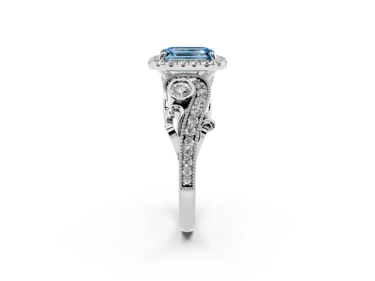 Fancy Blue Emerald Cut Diamond Halo Ring with Milgrain Pavé Band and Four-Prong Setting White gold