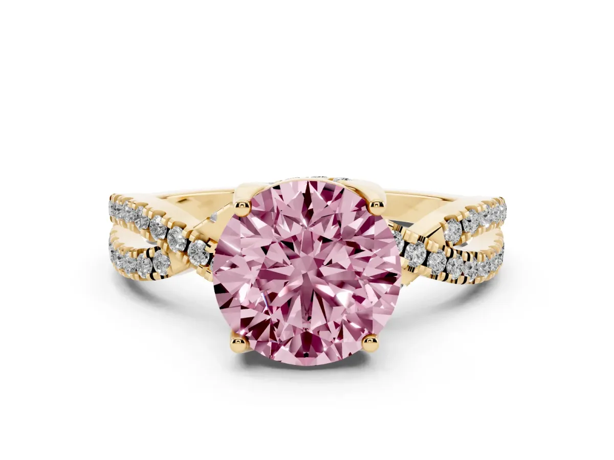 Fancy Pink Round Cut Solitaire Twist Pave Diamond Engagement Ring with Prong Setting Yellow gold