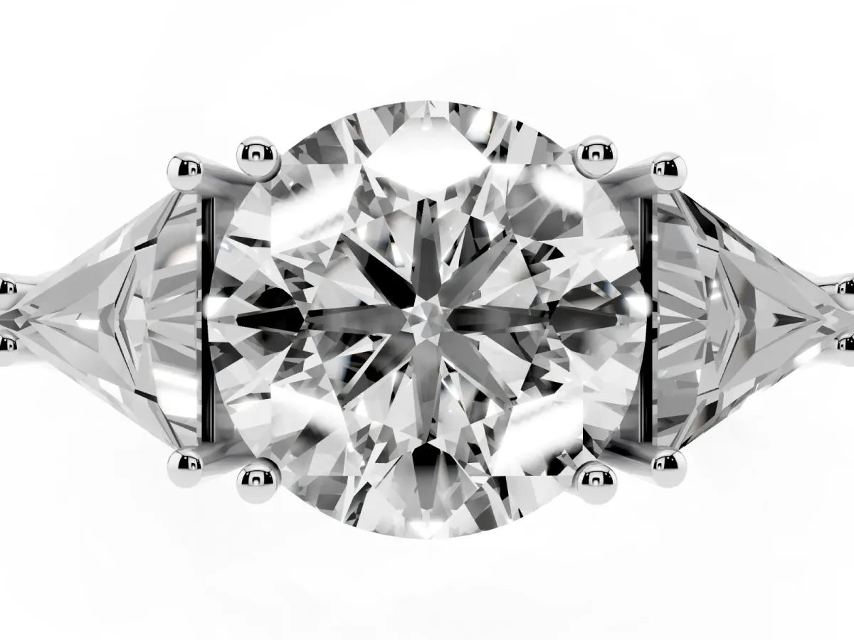 Three-Stone Round Cut Diamond Engagement Ring with Trillion Side Stones and Prong Setting Silver
