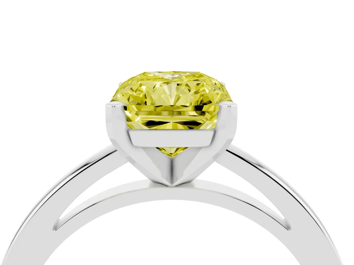 Fancy Yellow Radiant Cut Solitaire Diamond Engagement Ring with Four-Prong Setting on a Classic Band White gold