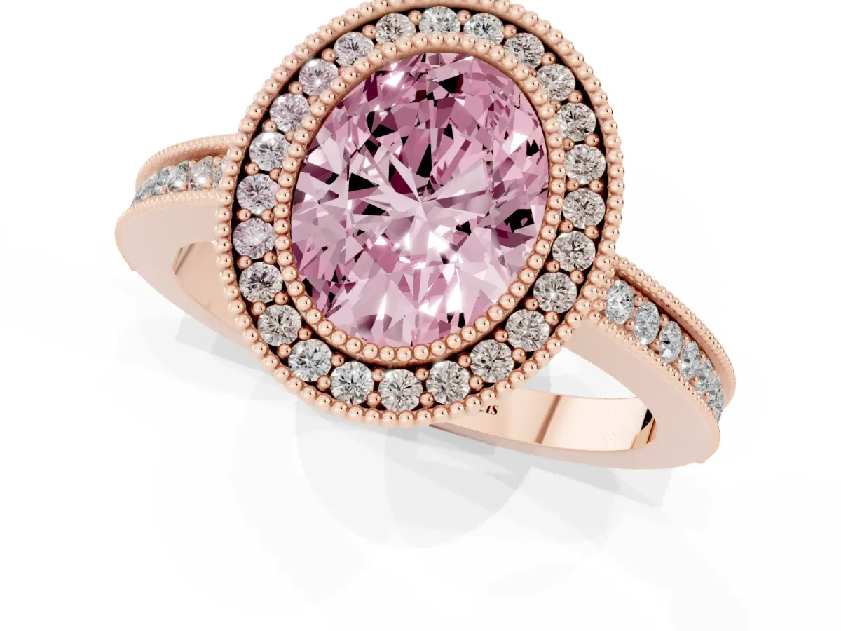 Fancy Pink Oval Cut Cut Halo Diamond Ring with Pavé Band and Milgrain Prong Setting Rose gold
