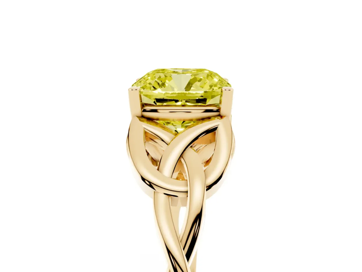 Fancy Yellow Cushion Cut Diamond Solitaire Engagement Ring with Celtic Knot Band and Four-Prong Setting Yellow gold