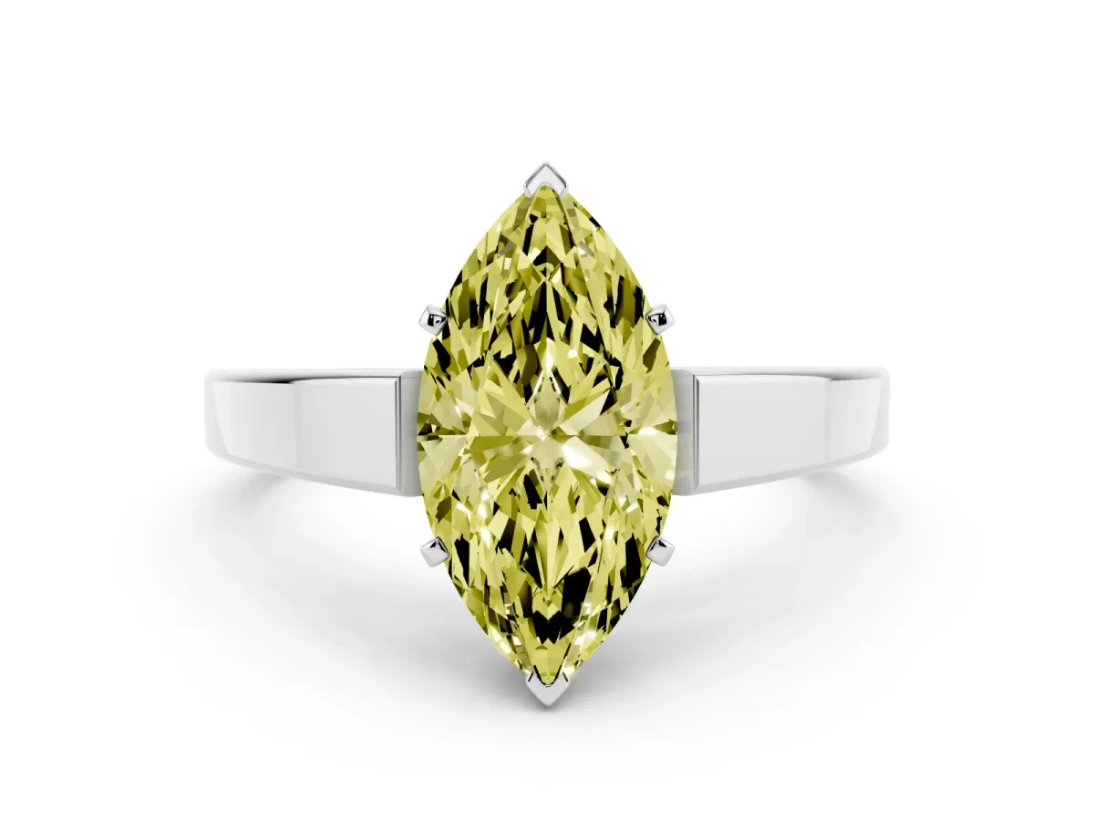 Fancy Yellow Marquise Cut Solitaire Engagement Ring with Four-Prong Setting and Tapered Band White gold
