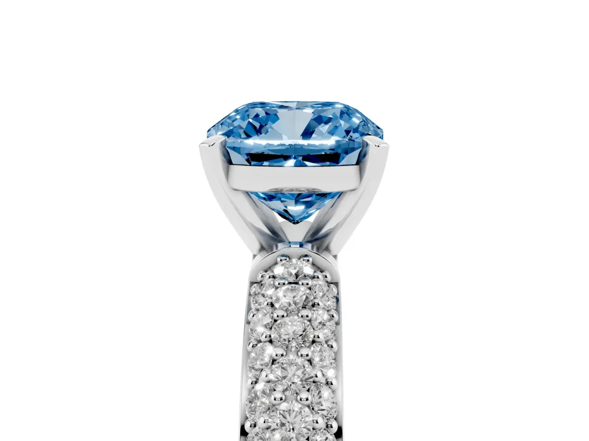Fancy Blue Cushion Cut Diamond Solitaire Ring with Prong Setting and Pavé Band Silver