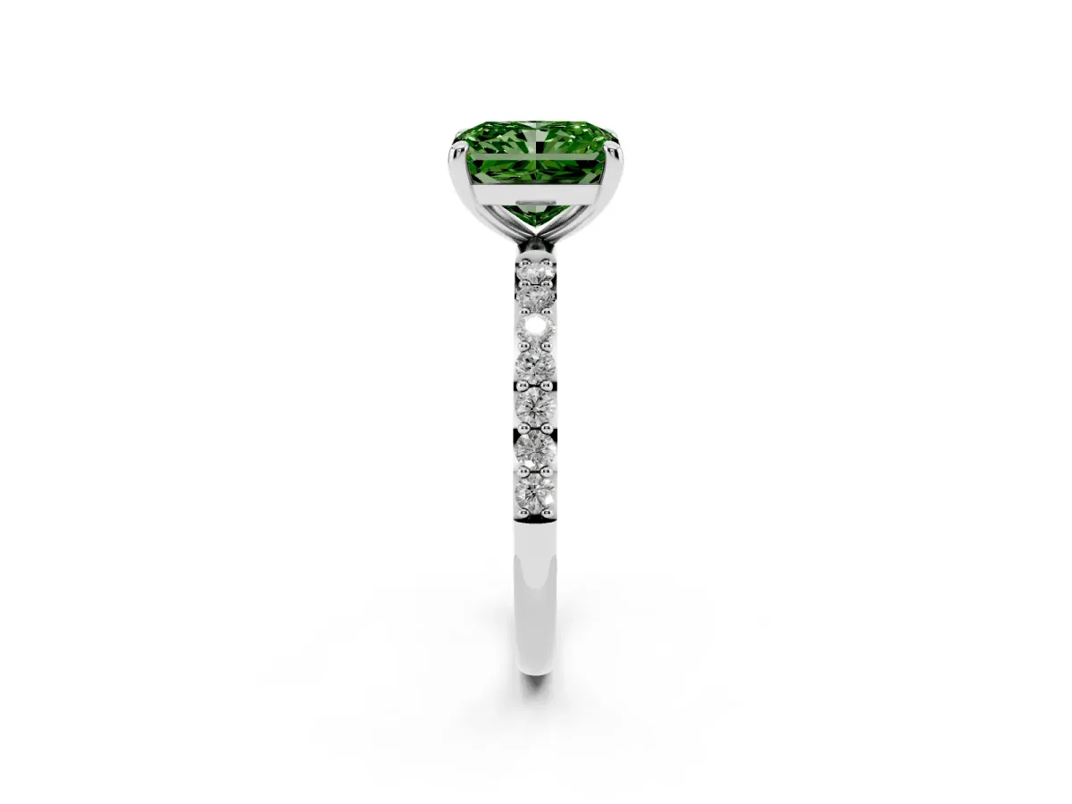 Fancy Green Radiant Cut Diamond Solitaire Ring with Round Pavé Band and Prong Setting Silver