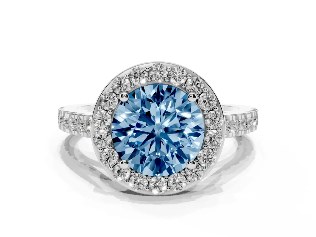 Fancy Blue Round Cut Diamond Halo Ring with Round Pavé Split Shank and Prong Setting Platinum