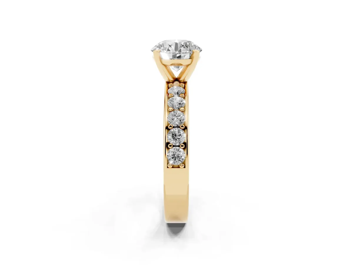 Round Cut Diamond Engagement Ring with Channel Set Round Band and Prong Setting Yellow gold