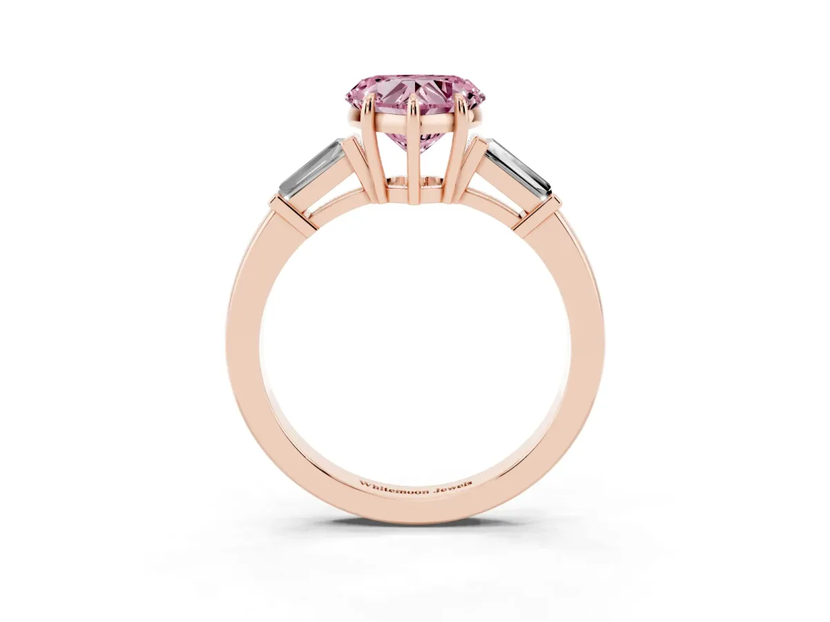 Fancy Pink Heart Cut Diamond Three-Stone Ring with Tapered Baguette Side Stones and Prong Setting Rose gold