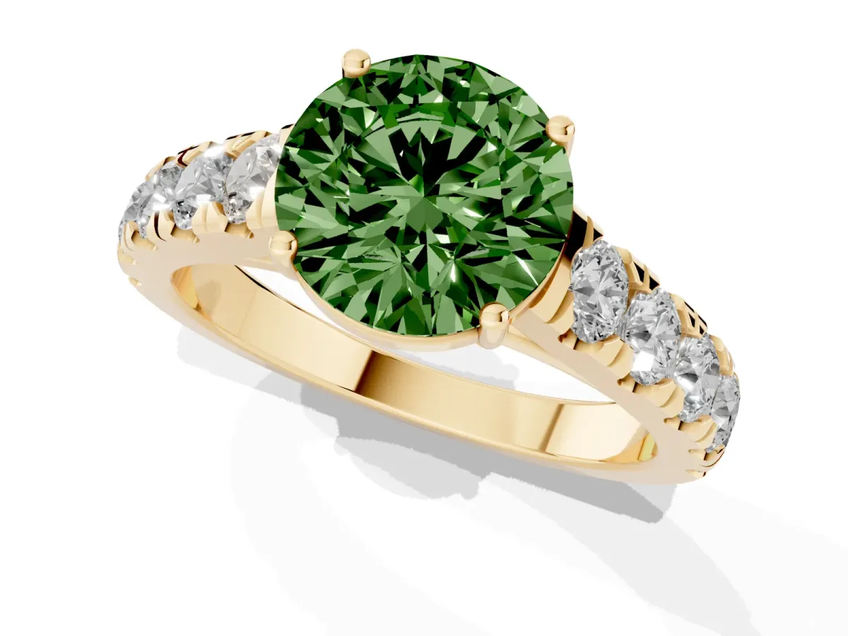 Fancy Green Round Cut Cut Diamond Solitaire Ring with Micro Pave Band and Prong Setting Yellow gold