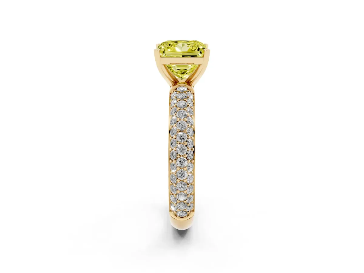 Fancy Yellow Princess Cut Diamond Solitaire Ring with Prong Setting and Pavé Band Yellow gold