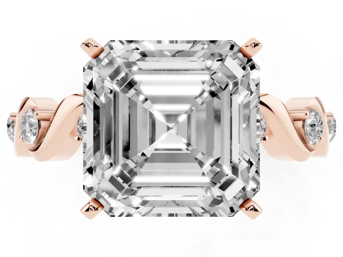 Asscher Cut Diamond Solitaire Twisted Band with Round Accents and Prong Setting Rose gold