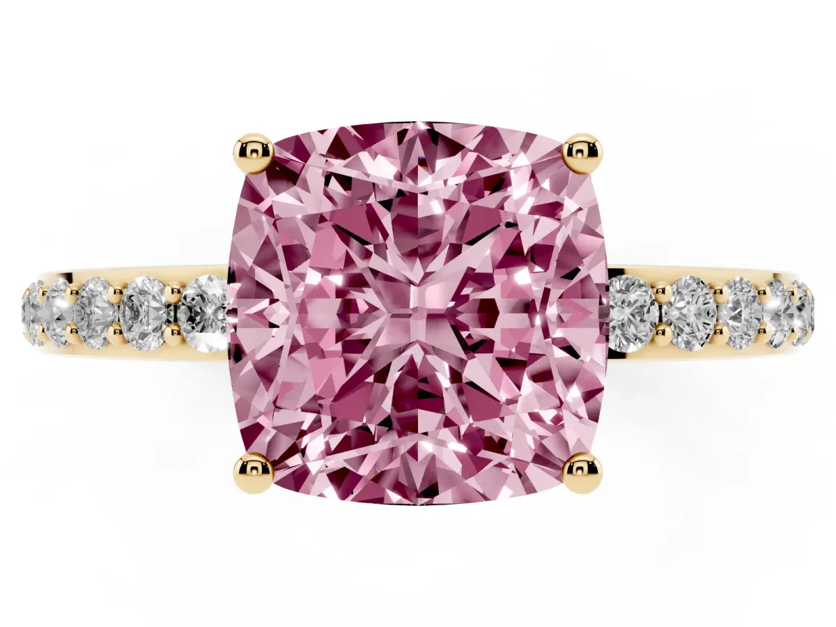 Fancy Pink Cushion Cut Diamond Solitaire Ring with Pavé Band and Hidden Halo Yellow gold