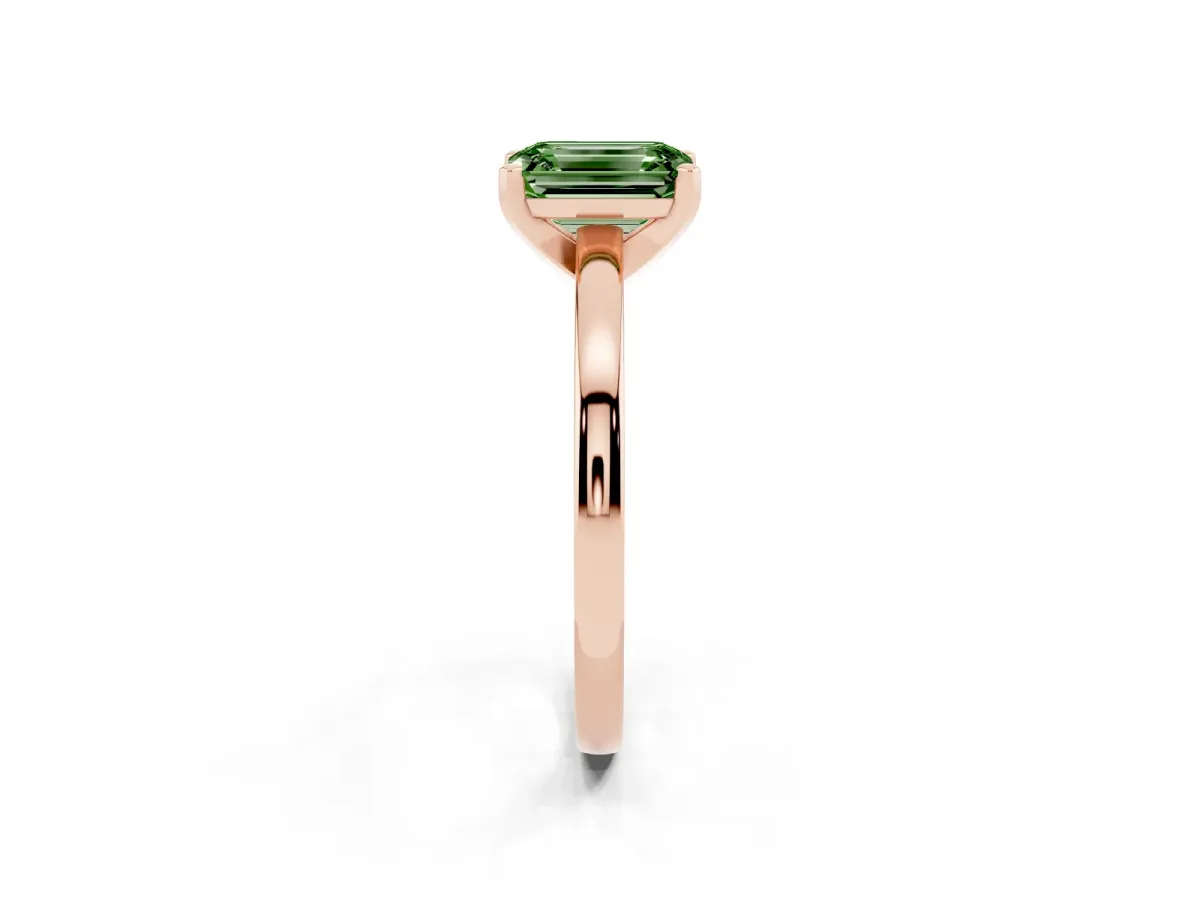 Fancy Green Emerald Cut Solitaire Diamond Engagement Ring with Four-Prong Setting on a Classic Band Rose gold
