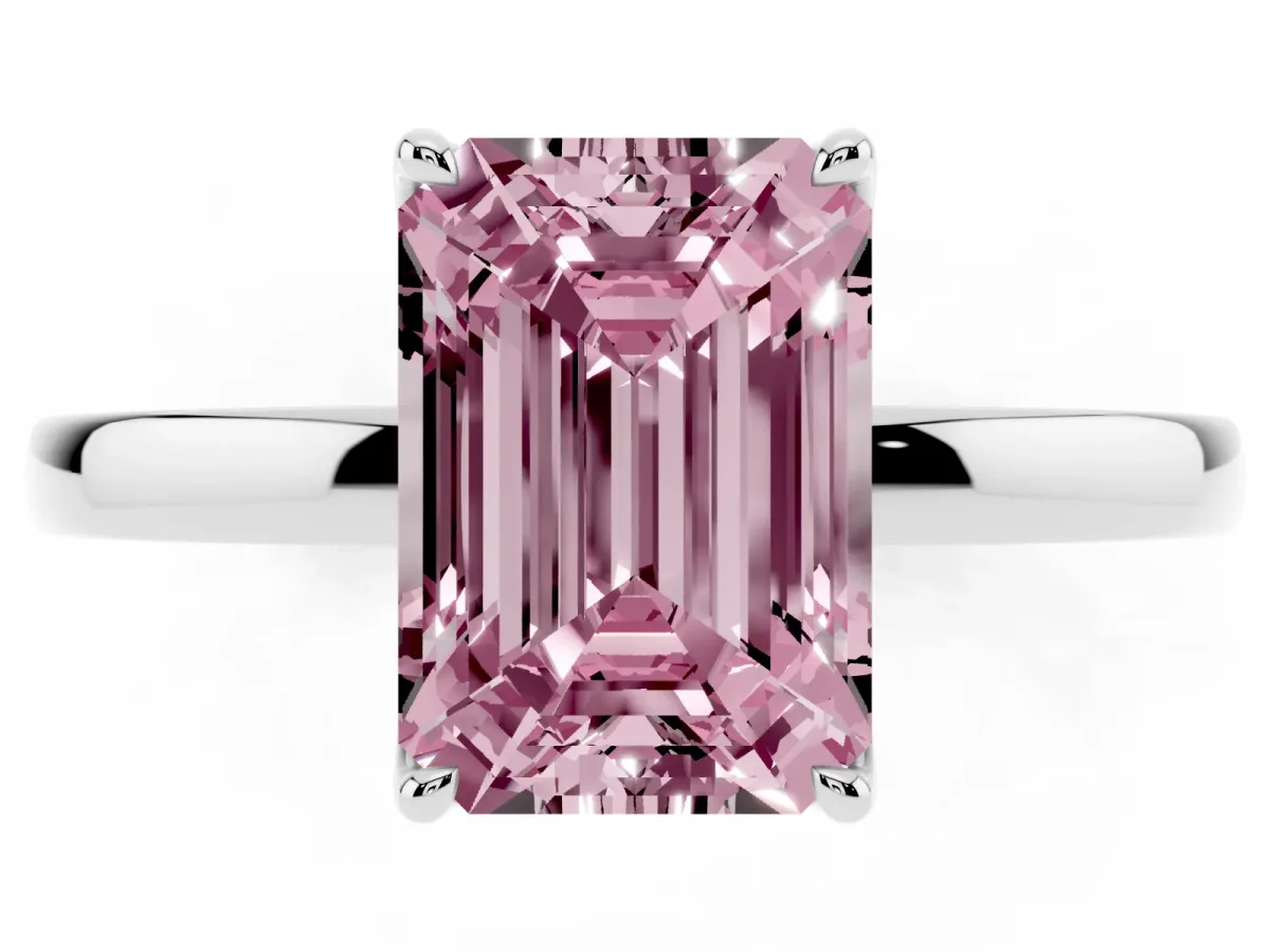 Fancy Pink Emerald Cut Diamond Solitaire Ring with Thin Band and Prong Setting White gold