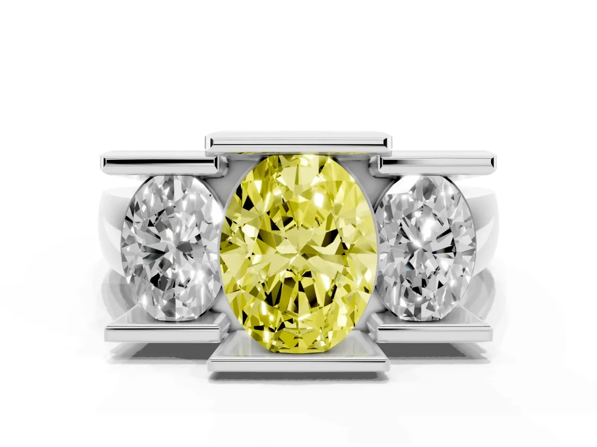 Fancy Yellow Three Stone Oval Cut Cut Channel Set Diamond Ring Platinum