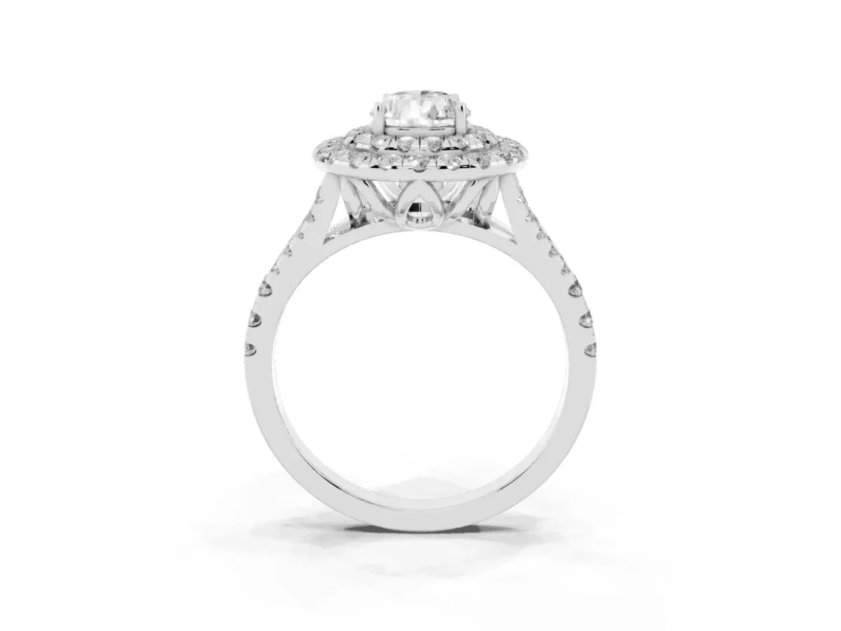 Double Halo Pear Cut Diamond Pavé Split Shank Ring with Prong Setting Silver