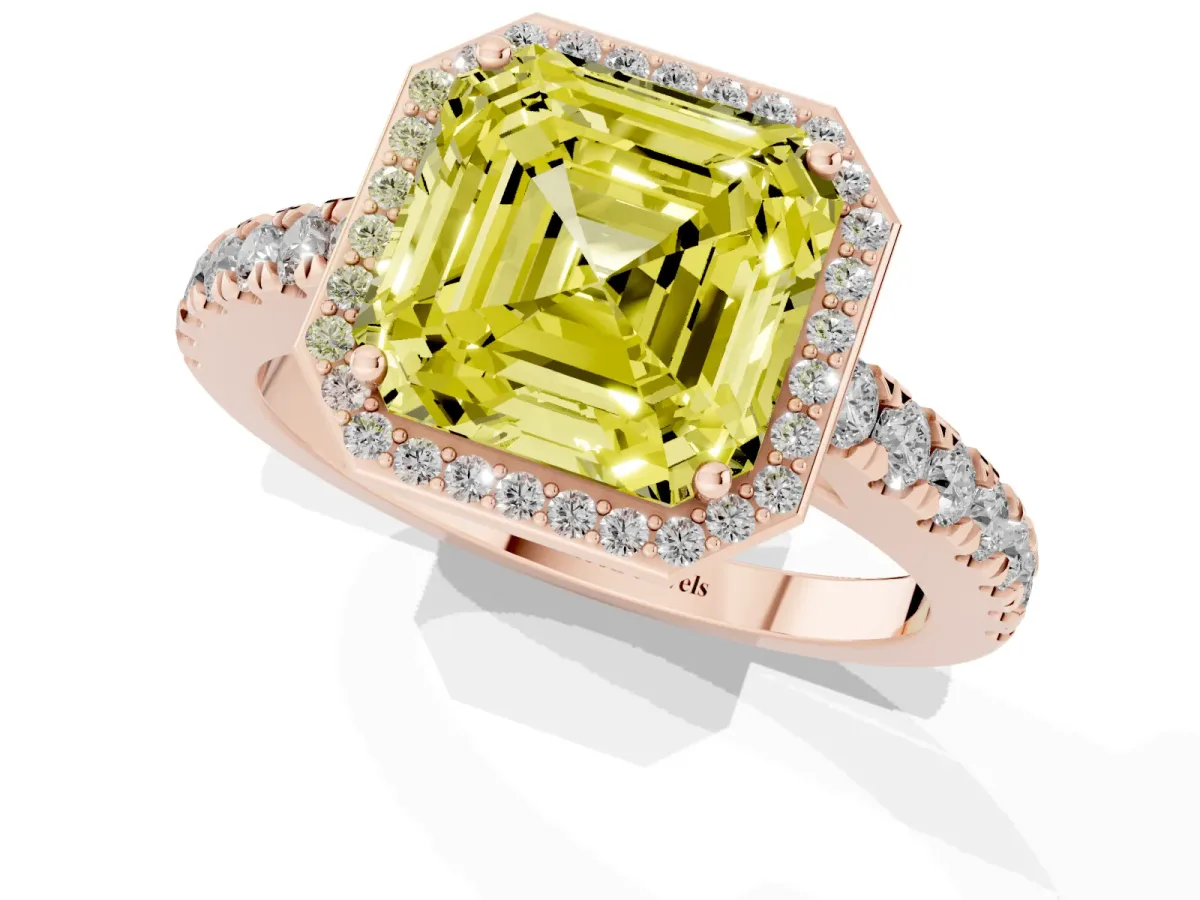 Fancy Yellow Asscher Cut Cut Halo Diamond Engagement Ring with Pave Band and Four-Prong Setting Rose gold