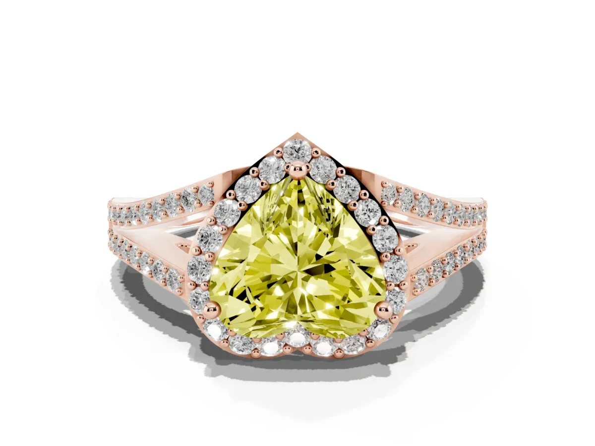 Fancy Yellow Heart Cut Halo Split Shank Diamond Ring with Prong Setting Rose gold
