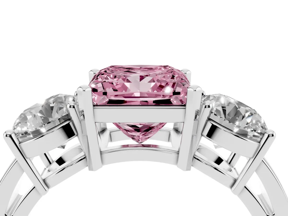 Fancy Pink Three-Stone Princess Cut Diamond Ring with Round Side Stones, Classic Band, and Four-Prong Setting White gold