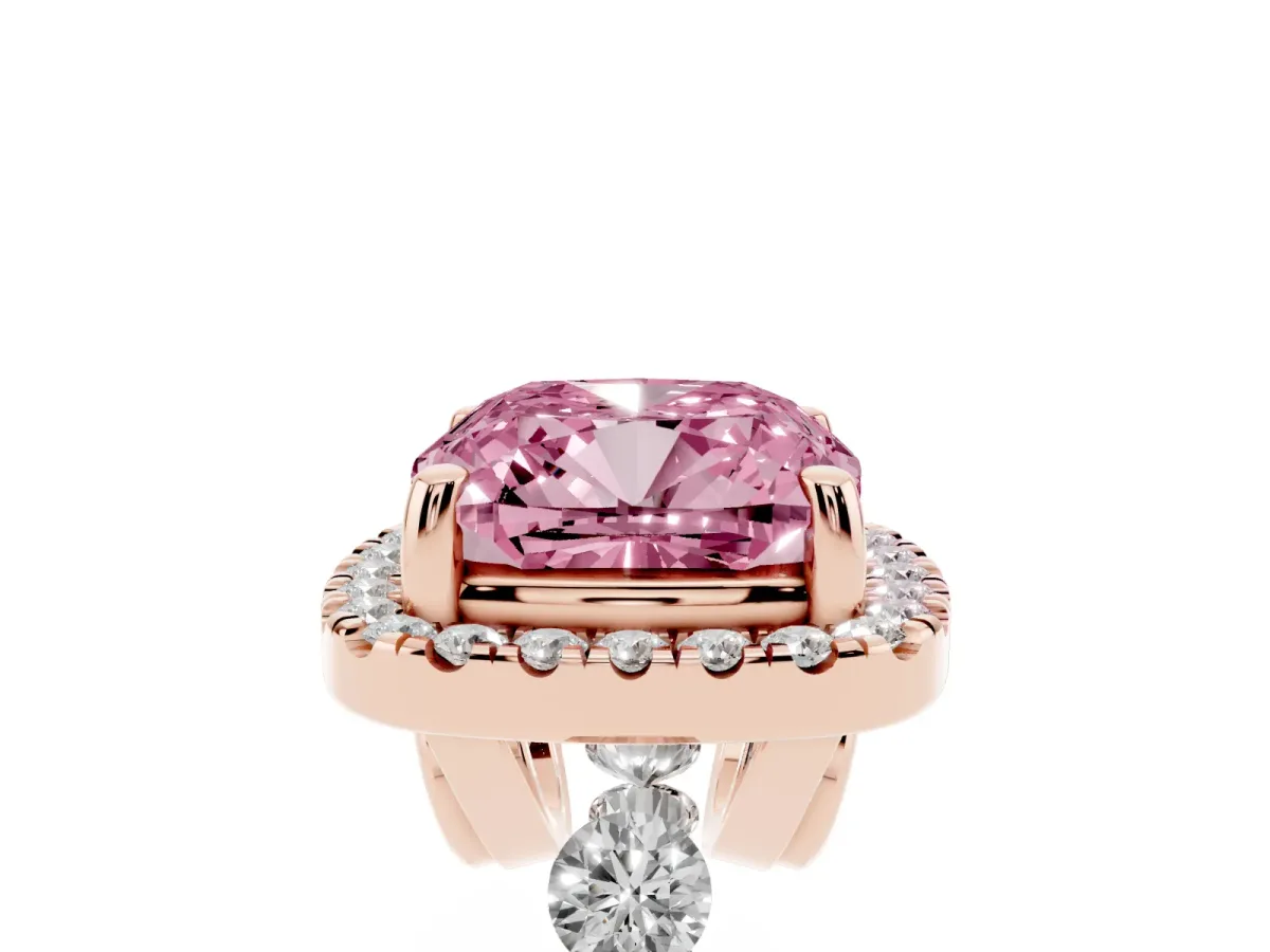 Fancy Pink Cushion Cut Halo Pavé Diamond Engagement Ring with Four-Prong Setting Rose gold
