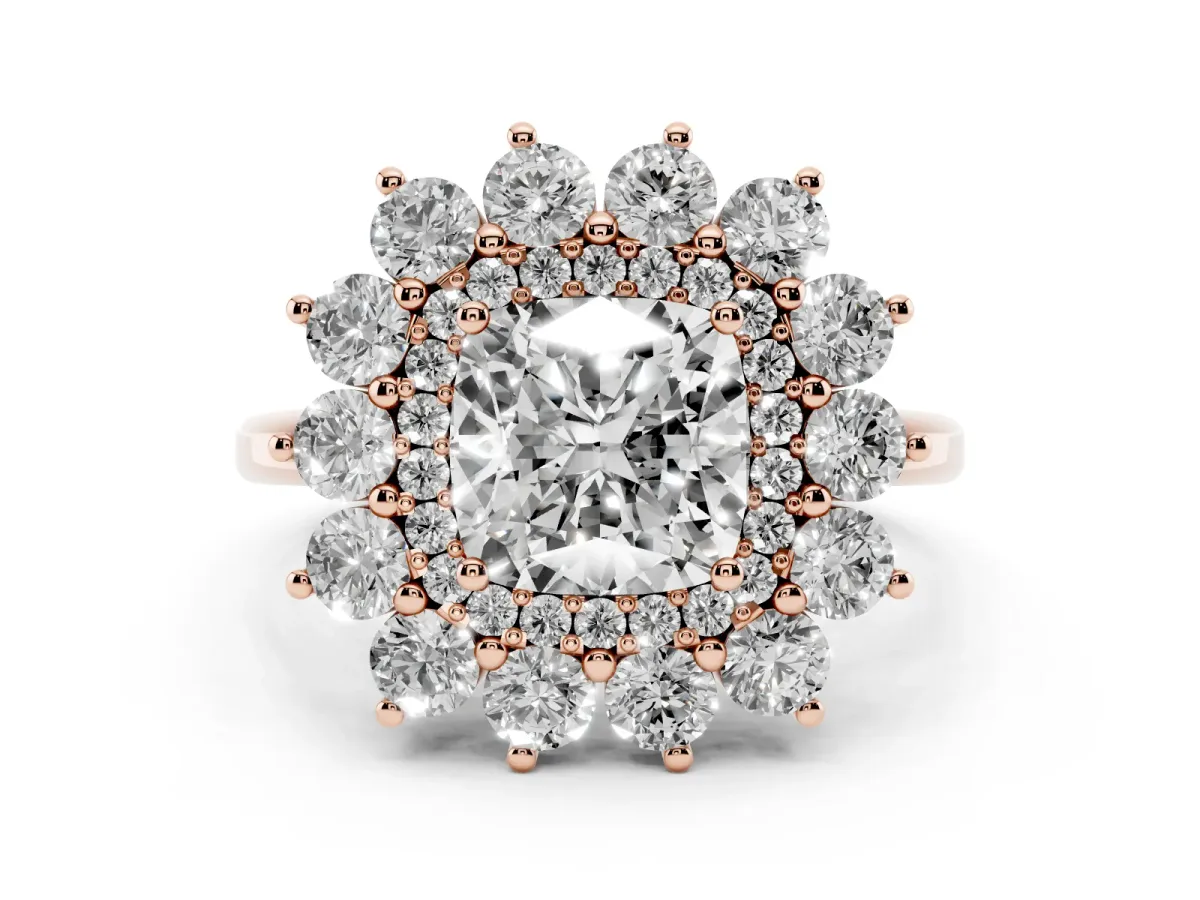 Cushion Cut Diamond Floral Double Halo Engagement Ring with Prong Setting Rose gold