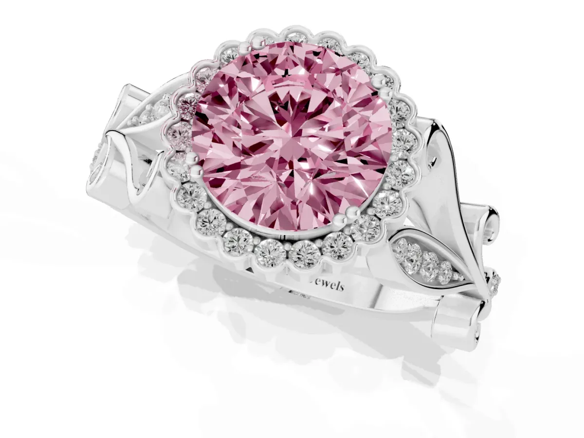 Fancy Pink Round Cut Diamond Halo Ring with Vintage Split Shank and Four-Prong Setting Silver