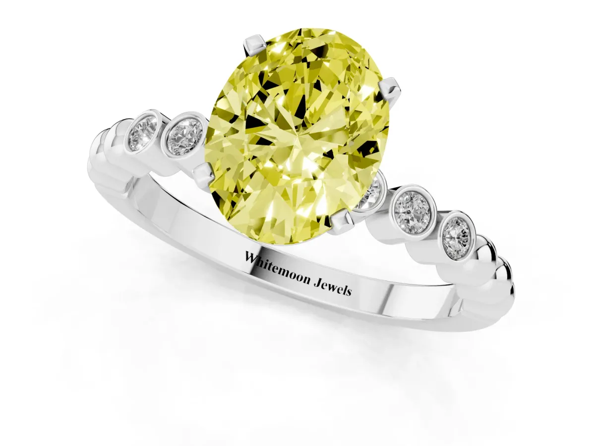 Fancy Yellow Oval Cut Solitaire Bezel Accent Diamond Engagement Ring with Beaded Band and Four-Prong Setting Silver