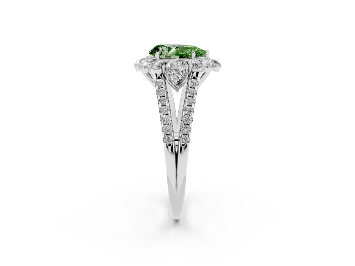 Fancy Green Pear Cut Halo Split Shank Diamond Engagement Ring with Prong Setting Platinum