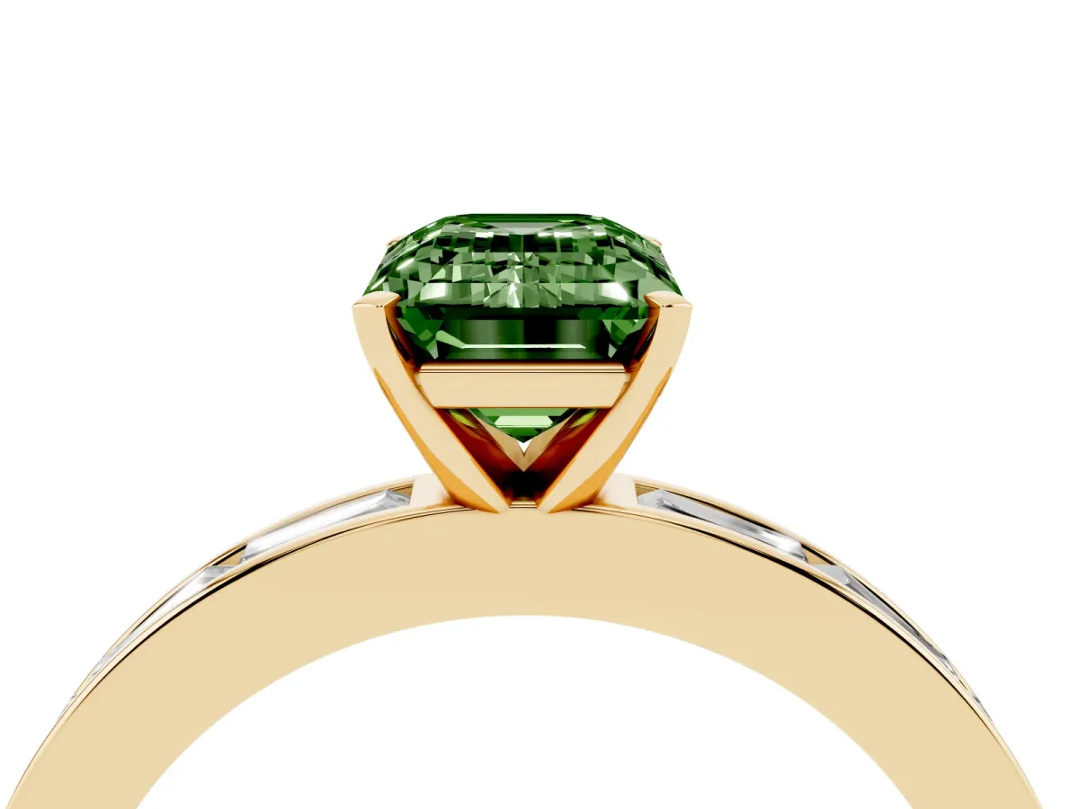 Fancy Green Emerald Cut Solitaire Diamond Ring with Channel-Set Baguette Band and Four-Prong Setting Yellow gold