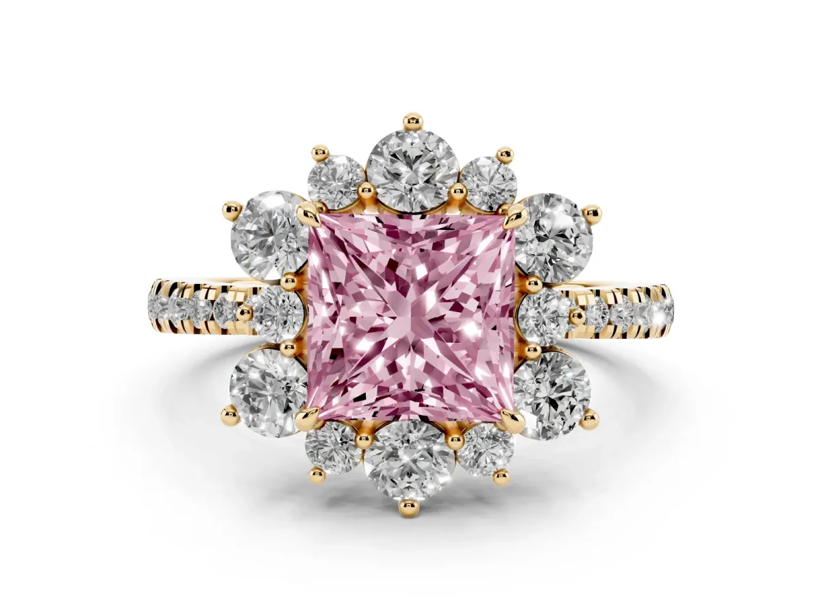 Fancy Pink Princess Cut Diamond Floral Halo Ring with Round Pavé Band and Prong Setting Yellow gold