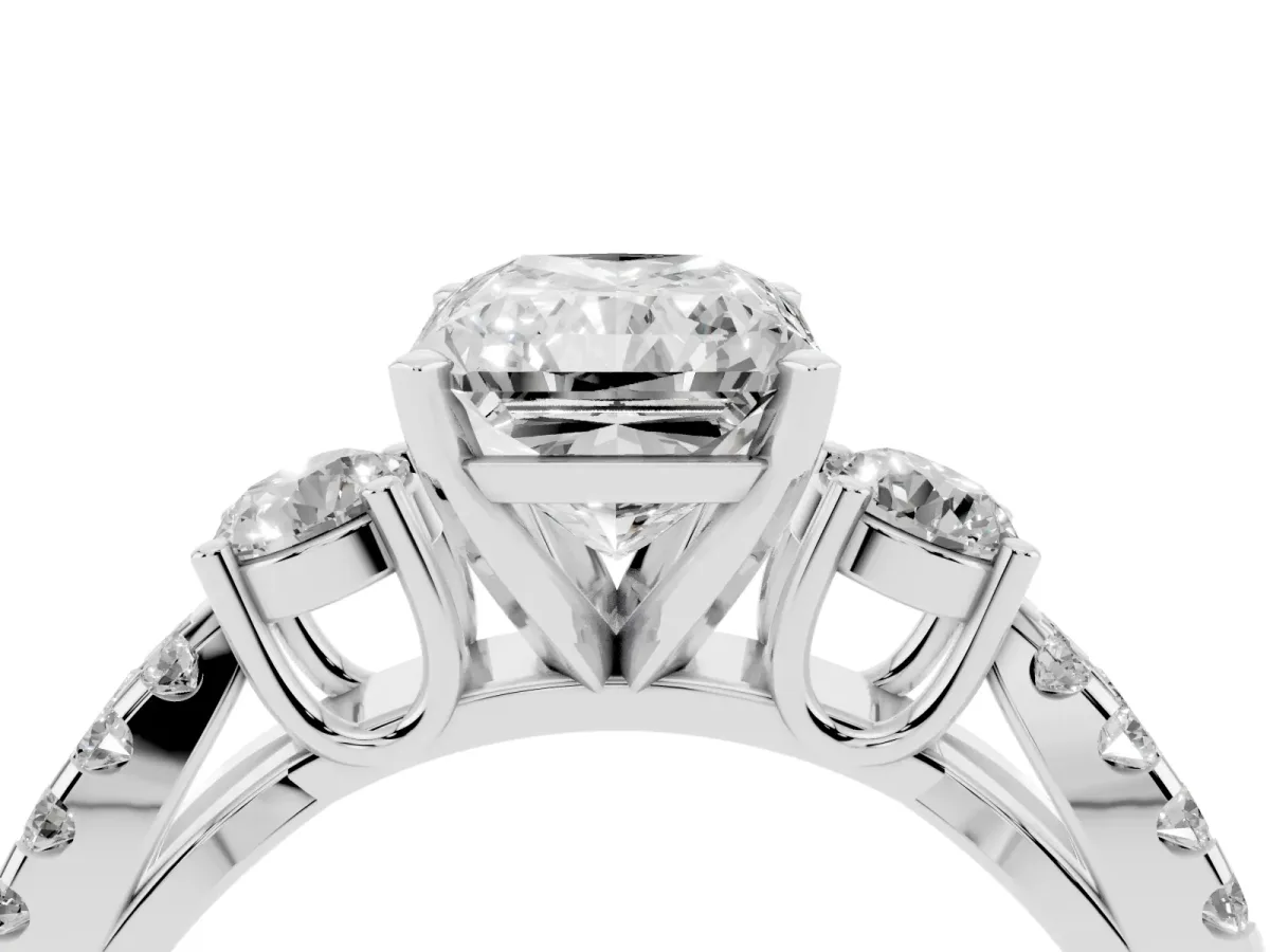 Radiant Cut Diamond Three-Stone Ring with Pavé Split Shank and Four-Prong Setting Silver