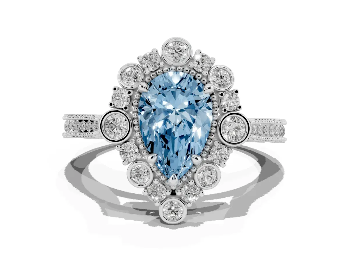 Fancy Blue Pear Cut Halo Milgrain Pave Diamond Ring with Four-Prong Setting Silver