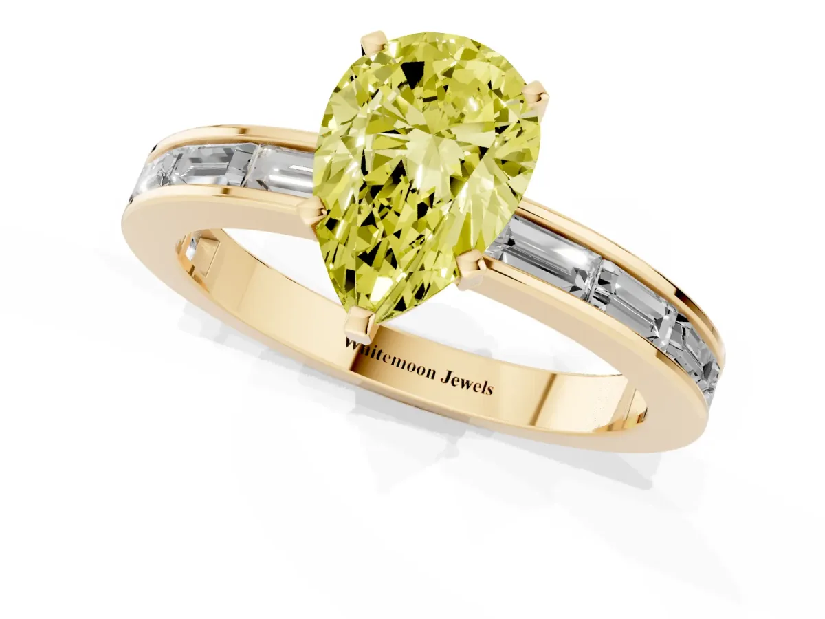 Fancy Yellow Pear Cut Solitaire Diamond Ring with Channel-Set Baguette Band and Four-Prong Setting Yellow gold