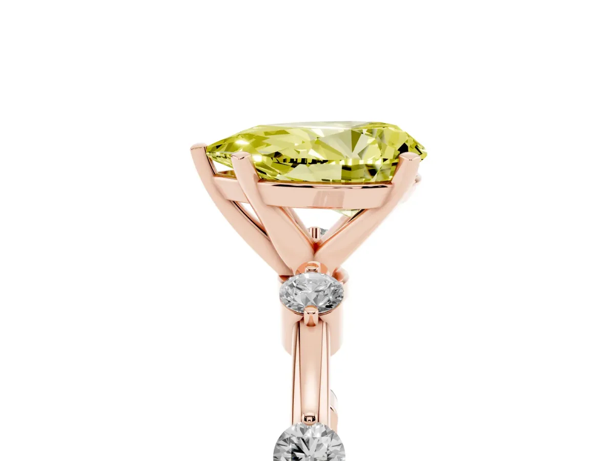 Fancy Yellow Pear Cut Solitaire Diamond Ring with Bezel Set Side Stones and Prong Setting Rose gold